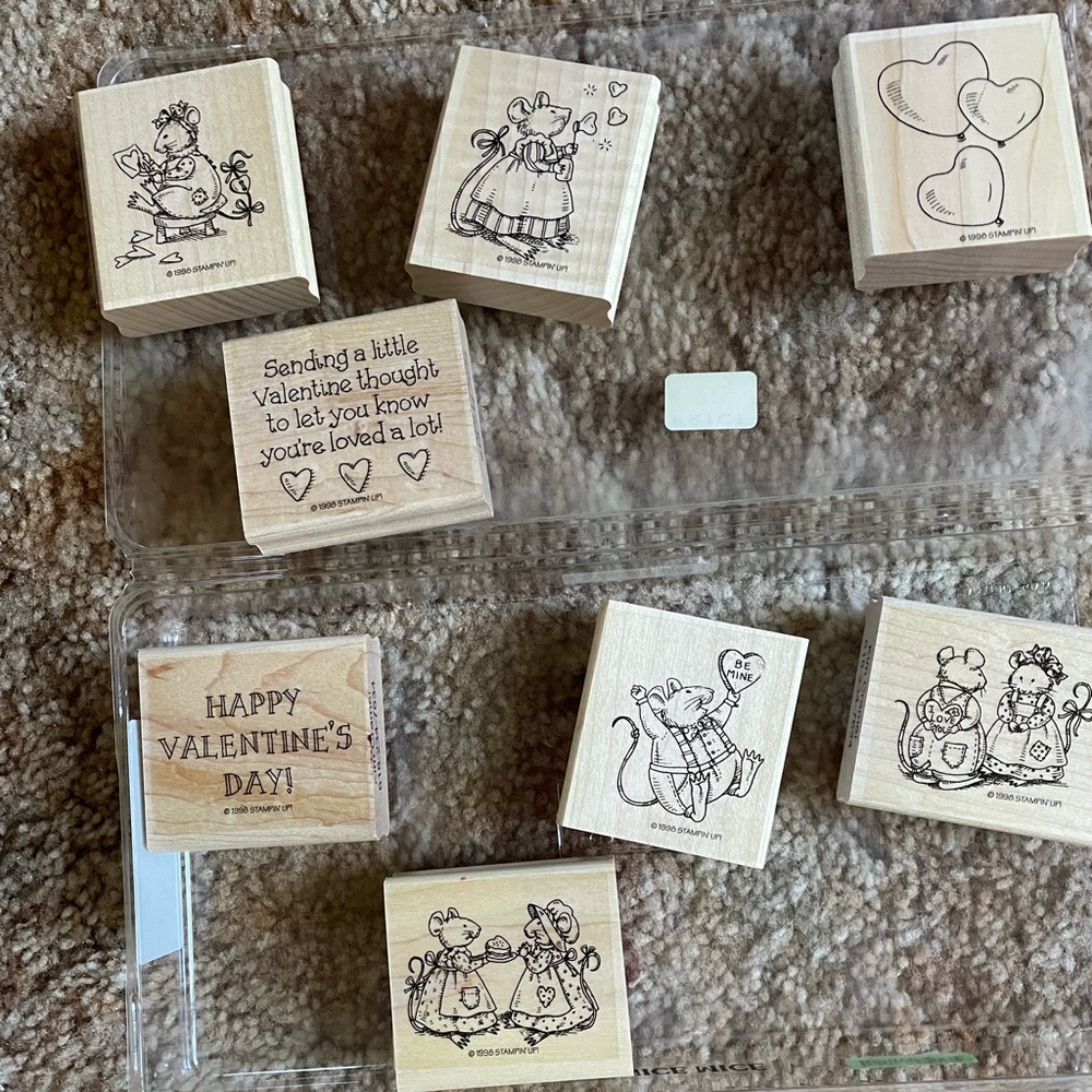 Stampin up Nice Mice rubber stamps on wood blocks.